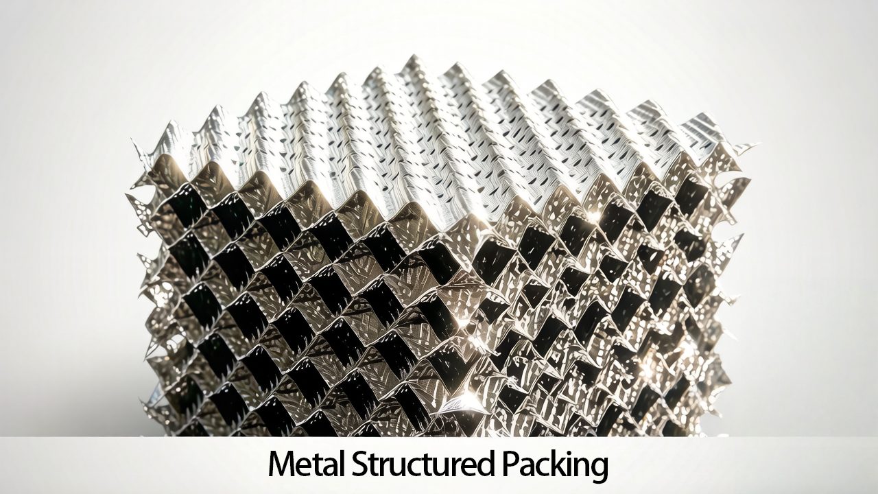 Close-up detailed view of metal structured packing, showing its precise corrugated and perforated sheet layers arranged in a geometric pattern.